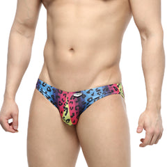Vibrant rainbow-colored leopard-print snug swim trunks from MetroMaleWear Colorado Jock Strap Neon 5011-05