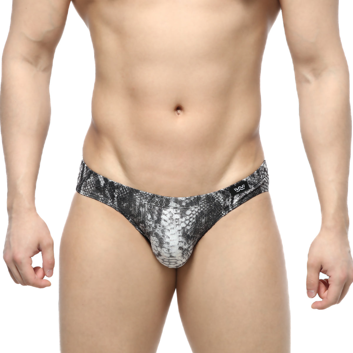 Black and white snake-skin patterned men’s briefs with a sleek form-fitting design from MetroMaleWear Culebra Bikini 5103-84