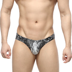 Black and white snake-skin patterned men’s briefs with a sleek form-fitting design from MetroMaleWear Culebra Bikini 5103-84