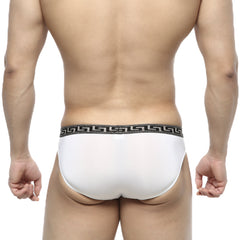 Metro male wear bolero bikini white briefs with black greek key patterned waistband for stylish comfort