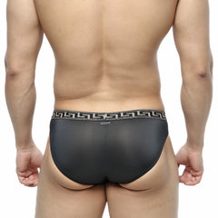 MetroMaleWear bolero bikini black mesh briefs with black and silver greek key patterned waistband front view