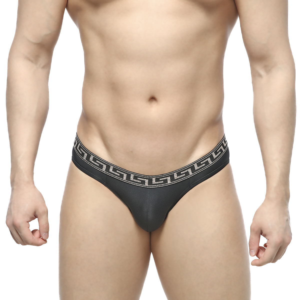 Black thong with white greek key waistband pattern from metromalewear bolero bikini 5105-20 showing back side