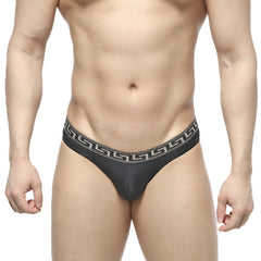 Black thong with white greek key waistband pattern from metromalewear bolero bikini 5105-20 showing back side