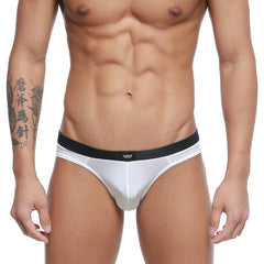 White briefs with a black waistband and small logo by metromalewear cebolla bikini white 5105-30