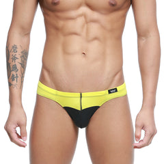 MetroMaleWear Colina bikini yellow swim trunks with bright yellow and black colors featuring a front zipper detail
