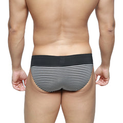Black and white striped briefs with solid black waistband by metromalewear colina bikini balance 5144-40