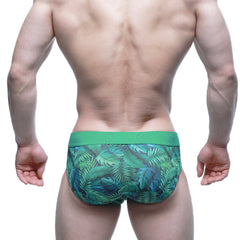 MetroMaleWear Celva Brief 5203-17 green tropical leaf-patterned men’s briefs with solid green waistband