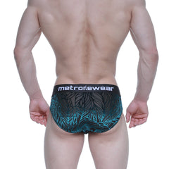 MetroMaleWear elegant brief black 5203-63 men’s briefs with black and teal tropical leaf pattern and branded waistband