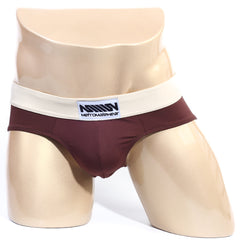 Maroon metroMalewear deportivo brief with cream-colored waistband and branded label in espresso 5203-F23 design
