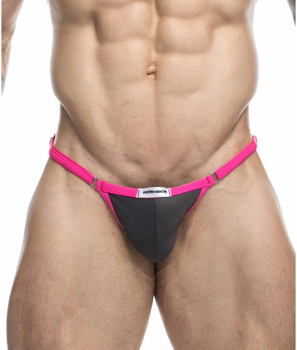 Bright pink and black thong with branded label from justin plus simon bikini one final sale product
