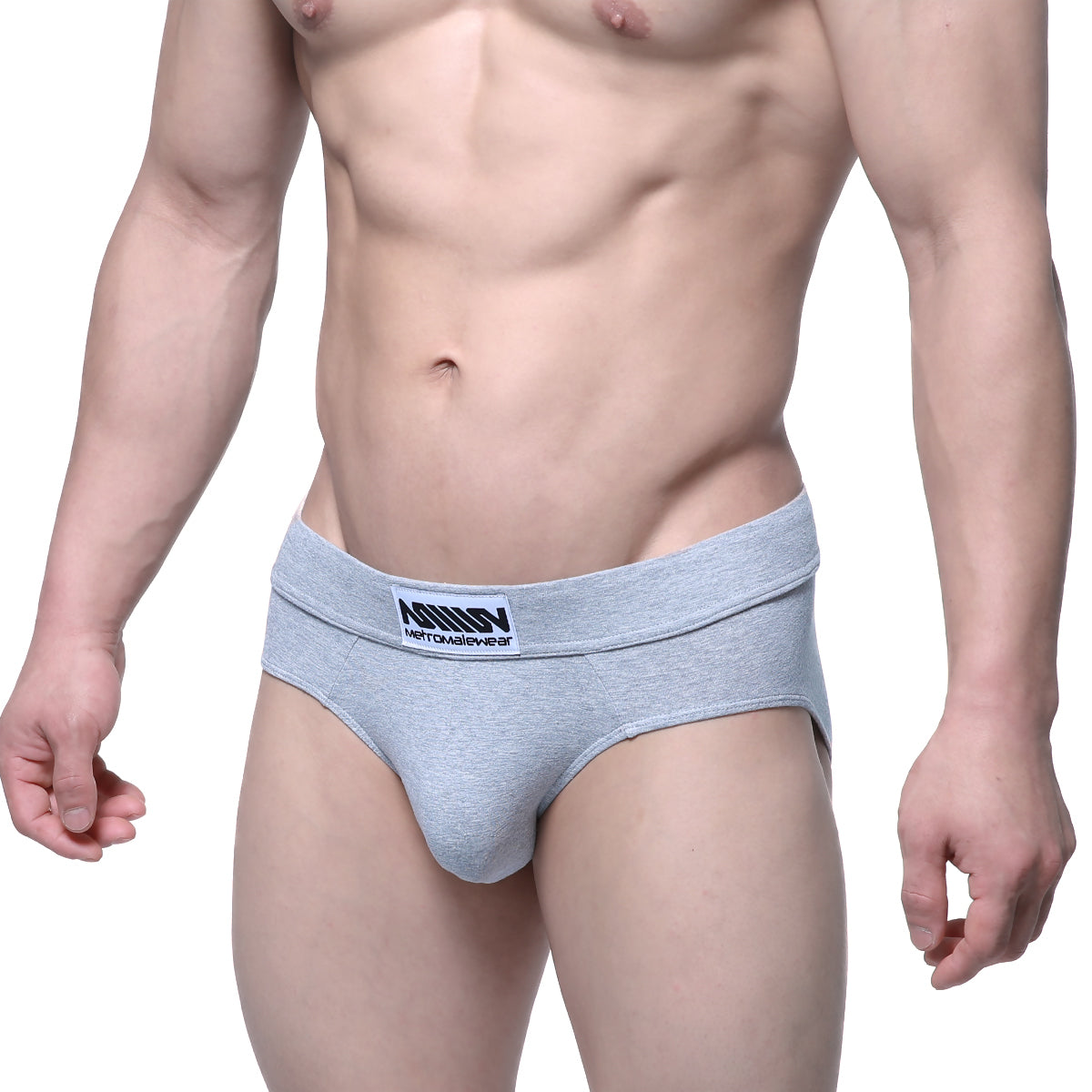 Gray heathered cotton MetroMaleWear Deseo brief with black and white branded waistband for comfortable wear