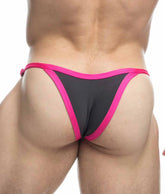 Justin plus simon bikini one black and pink thong with snug fit and vibrant fuchsia trim along the edges