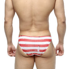MetroMaleWear Batalla Hip Bikini red and white striped swim trunks with a distressed vintage look for beachwear