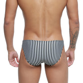Black and white vertically striped men’s swim trunks metro malewear max bulge bikini jail 6007-40 front view