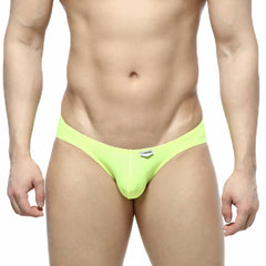 Vibrant lime green metroMalewear Cesar bikini thong made of smooth stretch fabric with a small white logo tag
