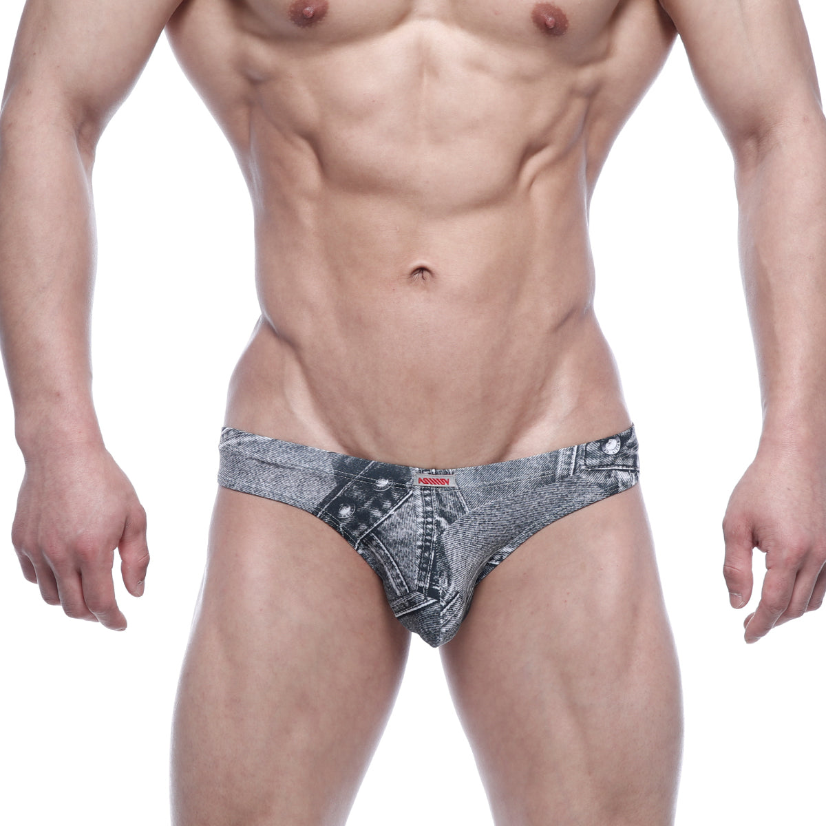 Denim-patterned men’s briefs metro malewear capri bikini in faded gray wash with stitched details and button accents