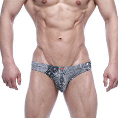 Denim-patterned men’s briefs metro malewear capri bikini in faded gray wash with stitched details and button accents