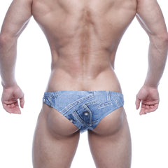 MetroMaleWear capri bikini briefs in denim blue with a blue denim pattern and faux pocket button detail