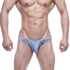 MetroMaleWear Capri bikini denim blue men’s briefs with button closure and stitched pocket detail in denim style