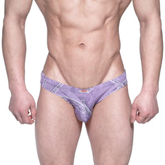 Purple denim-patterned metro male wear capri bikini briefs with subtle texture and small red brand tag