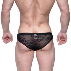 Black star-patterned mesh briefs metro malewear capri bikini star black 6103-51 front view