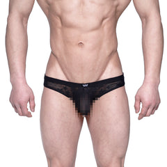 MetroMaleWear Capri bikini star black lace thong with subtle mesh texture and white logo on waistband back side view