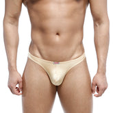 Beige metallic fabric briefs with subtle sheen and red logo on waistband metroMalewear bulge capri bikini gold 6104-21