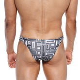 MetroMaleWear bulge capri bikini swim trunks in black and gray geometric pattern with modern minimalist design
