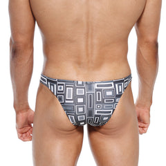MetroMaleWear bulge capri bikini swim trunks in black and gray geometric pattern with modern minimalist design