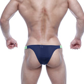 Navy blue mesh briefs with neon green trim from metromalewear bulge capri bikini 6104-31 showing front view