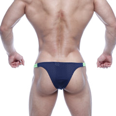 Navy blue mesh briefs with neon green trim from metromalewear bulge capri bikini 6104-31 showing front view