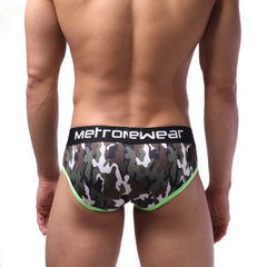 MetroMaleWear bright brief green men’s camouflage briefs with black waistband and neon green trim in polyester blend