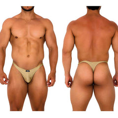 Beige MetroMaleWear Fantasy thong gold 6112-21 with small black brand tag on front designed for comfort and style