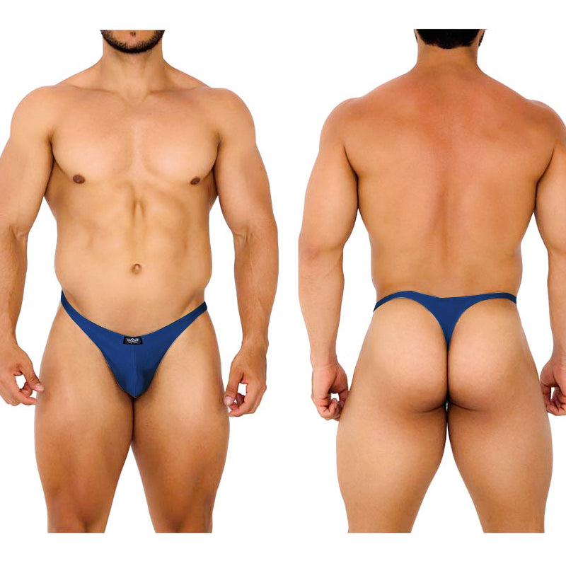 Blue metro male wear fantasy thong with sleek form-fitting design and small black brand tag at the front