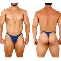Blue metro male wear fantasy thong with sleek form-fitting design and small black brand tag at the front