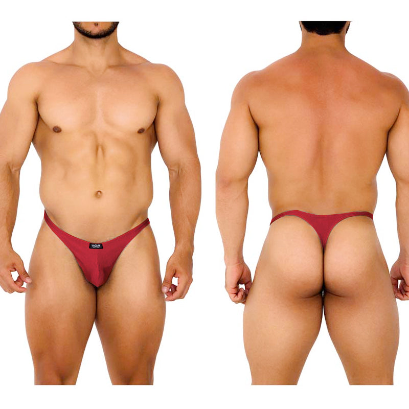 Maroon metro male wear fantasy thong with sleek form-fitting design and small black brand tag at front