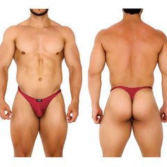 Maroon metro male wear fantasy thong with sleek form-fitting design and small black brand tag at front