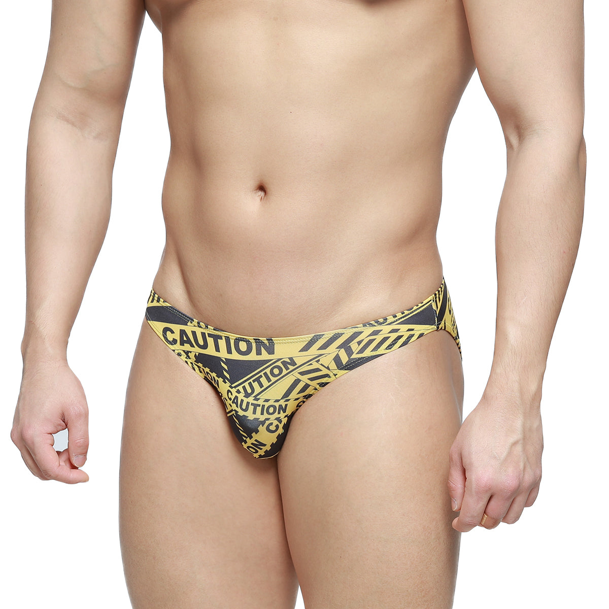 Yellow and black caution tape patterned metro malewear lowrise bikini briefs in black for men