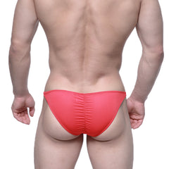 Bright coral-red textured mesh metro male wear fantasy bikini briefs with ruched back design shown from back