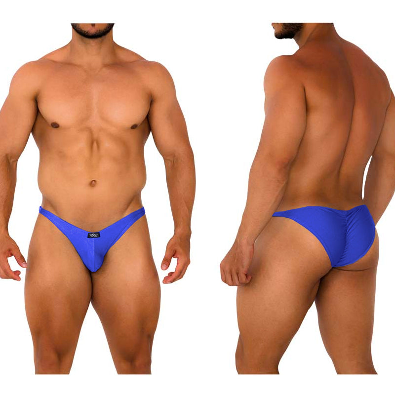 Vibrant blue form-fitting metro malewear fantasy bikini briefs with sleek design and small black logo on front