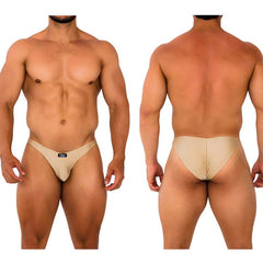 Beige form-fitting briefs metro malewear fantasy bikini gold 6116-21 with subtle brand logo on front