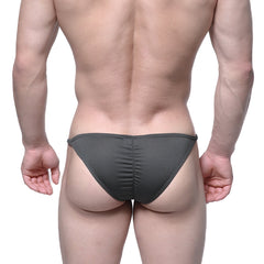 Dark gray textured fabric briefs with ruched back design from metamalewear fantasy bikini khaki 6116-26 displayed from back side