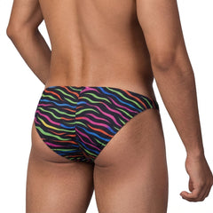 Metro male wear fantasy bikini disco 6116-43 vibrant rainbow-striped swim trunks with bold black zebra pattern