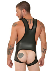 Back view of 665 inc neoprene open crotch black wrestling singlet made of leather-like material size s