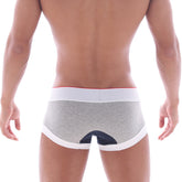 Gray heathered briefs with white trim and a navy blue back panel from metromalewear 69ers boxer navy 7014-11 shown from back side