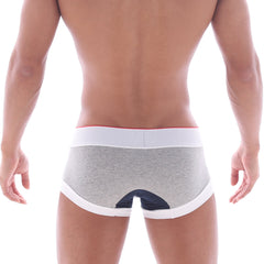 Gray heathered briefs with white trim and a navy blue back panel from metromalewear 69ers boxer navy 7014-11 shown from back side