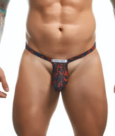 Justin simon bulge thong fun prints navy blue and red patterned sleek form fitting men’s underwear front view