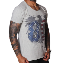 Light grey, raw-edge scoop neck t-shirt featuring a distressed eagle graphic with US flag-patterned "80" text.