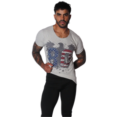 Light gray short-sleeve T-shirt with a distressed eagle graphic featuring a patriotic 80 design, scoop neckline.