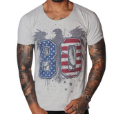 Light grey, scoop-neck t-shirt featuring a distressed eagle graphic with a US flag-themed "80" print.